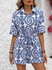 Women's printed tie-waist button-front romper, blue-and-white print front view
