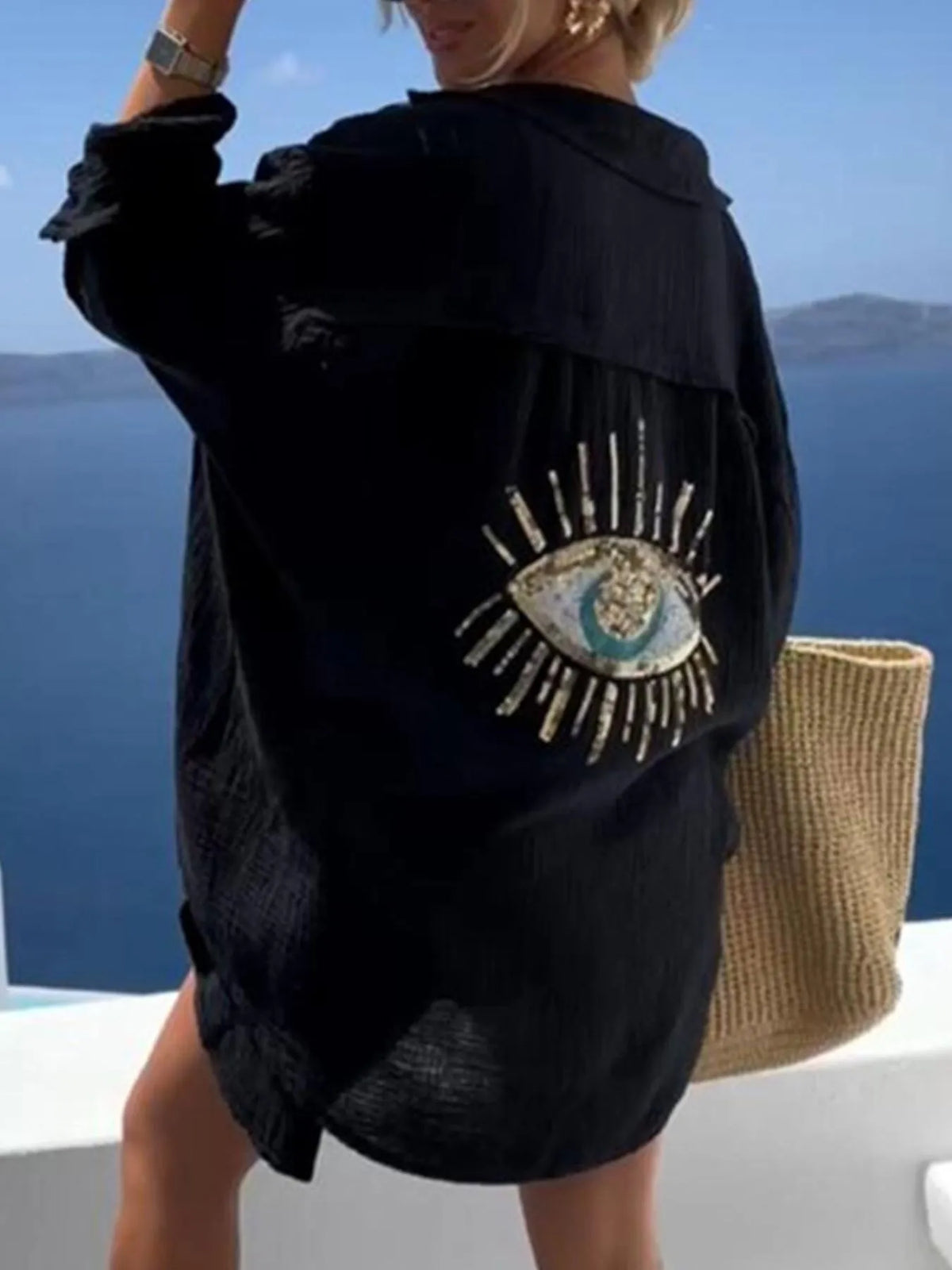 Evil eye embroidered oversized navy shirt in back view