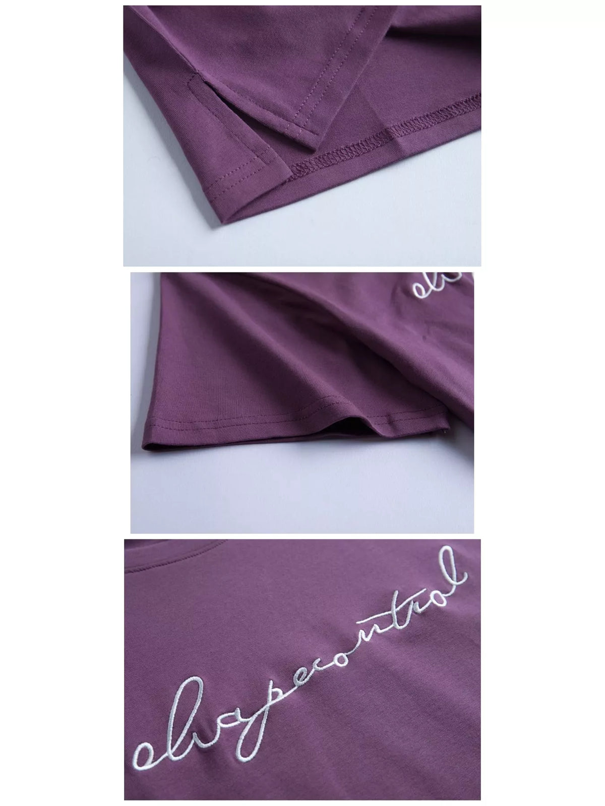 Close-up collage of the purple T-shirt's stitching, fabric and embroidered script