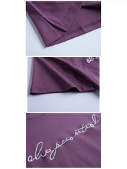 Close-up collage of the purple T-shirt's stitching, fabric and embroidered script