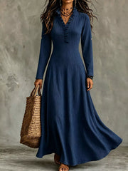 Navy blue V-neck maxi dress with roll-up sleeves and drawstring waist, front view