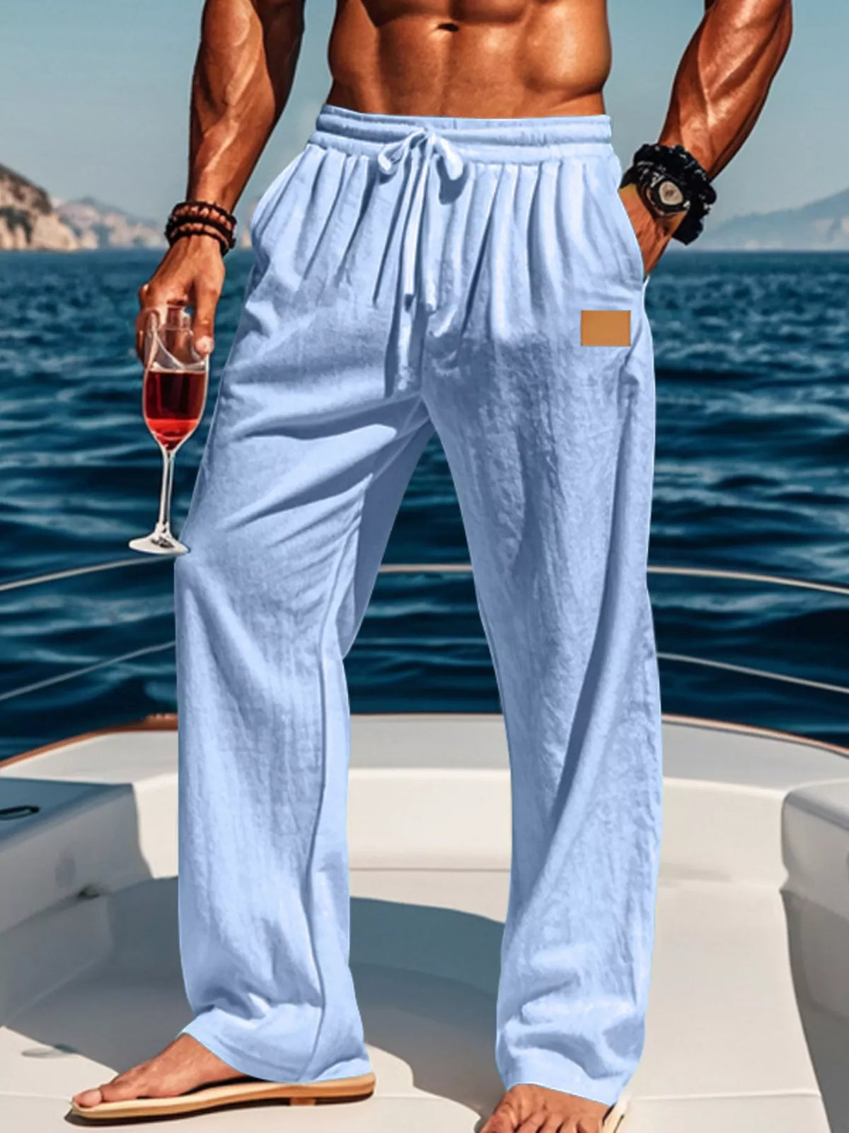 Light blue wide-leg pants worn with a drawstring waist