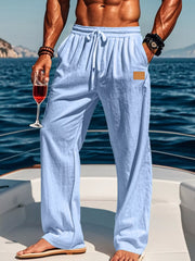 Light blue wide-leg pants worn with a drawstring waist