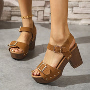 Front view of brown two-buckle sandals with studded platform soles
