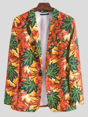 Men's leaf print blazer shown from the front with notched lapels, buttons and flap pockets