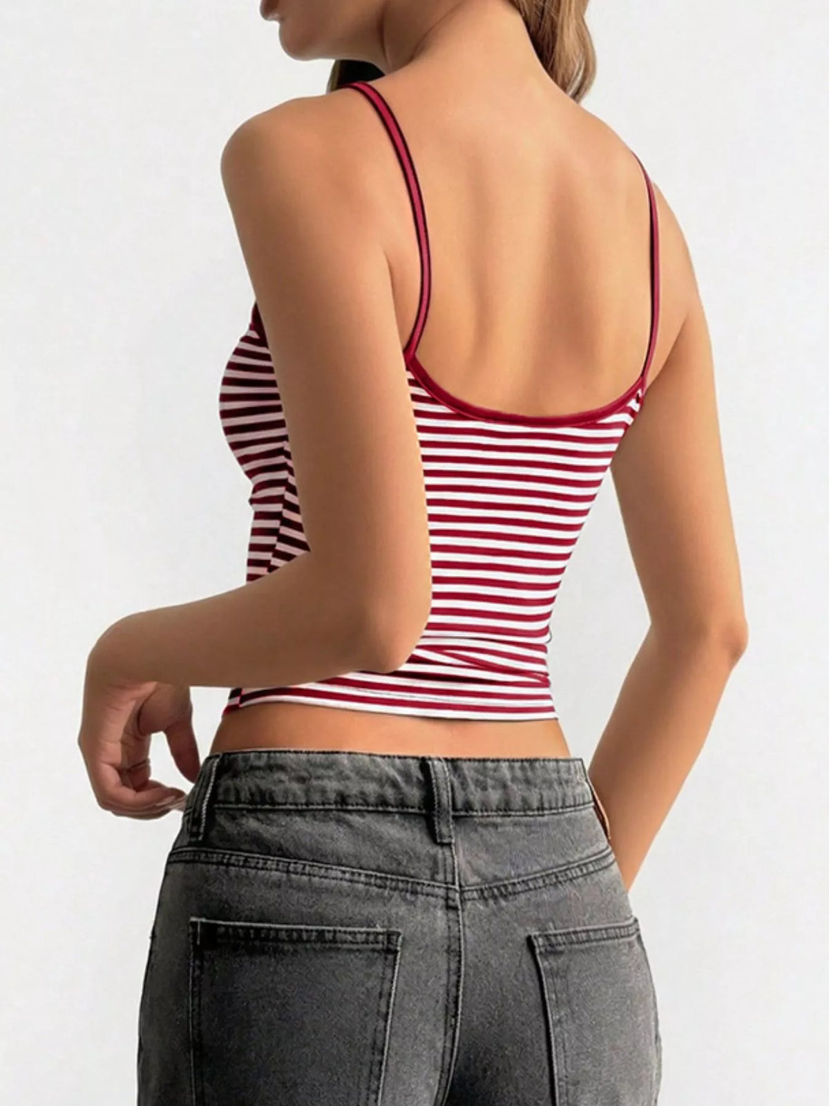 Red and white striped cami rear showing thin straps