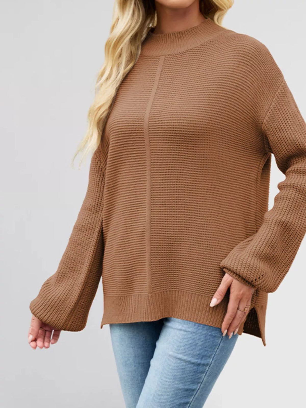 Women’s ribbed mock-neck drop-shoulder sweater in brown side view