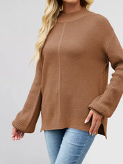 Women’s ribbed mock-neck drop-shoulder sweater in brown side view