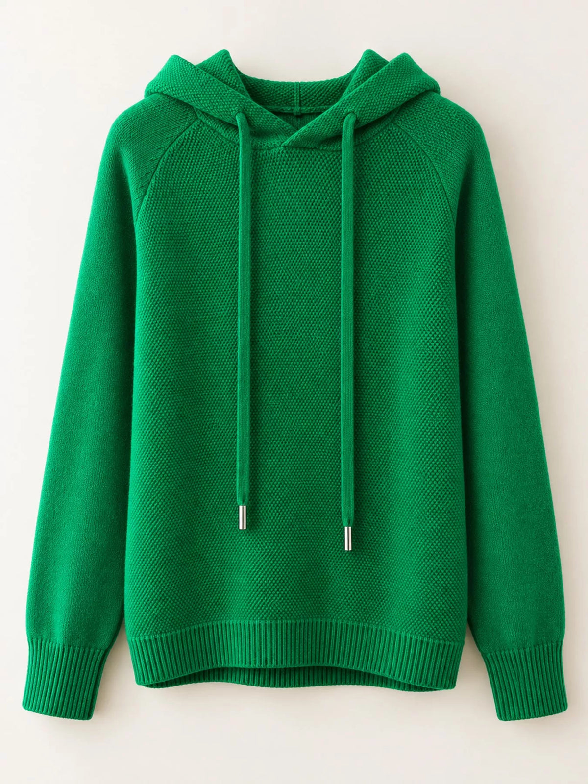 Emerald green drawstring hooded sweater displayed alone against a pale background.