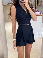 Women's solid sleeveless surplice romper in polyester, alternate view