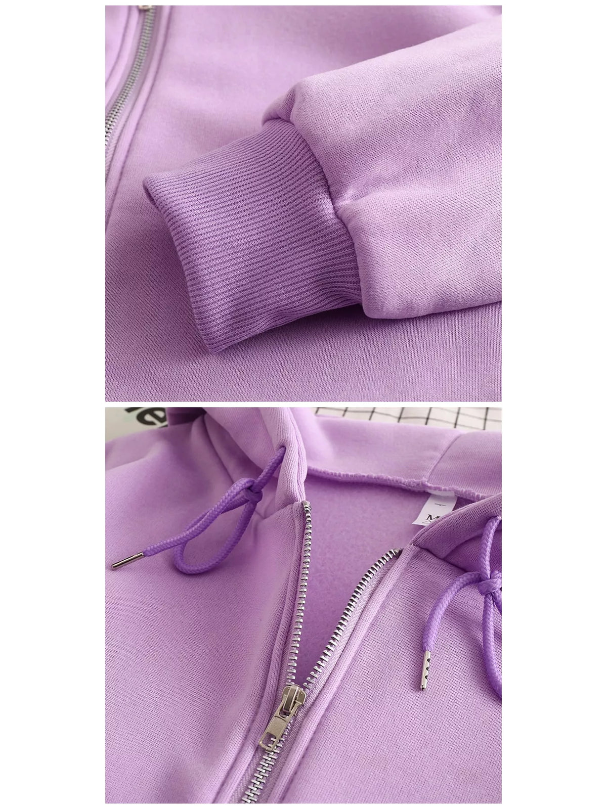 Close-up views of the lavender hoodie cuff, drawstrings and zipper