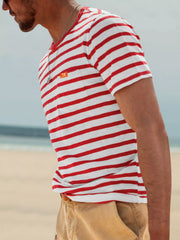 Side view of model wearing red-and-white striped T-shirt