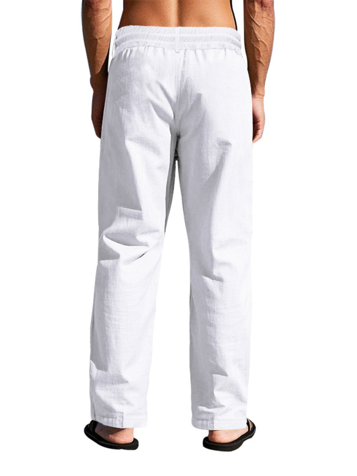 White drawstring pants shown from the back on a model