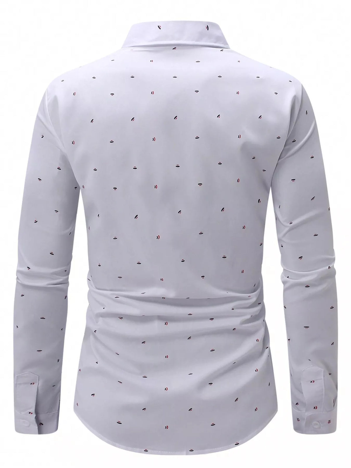 Back product view of white slim-fit shirt showing scattered red and black motifs