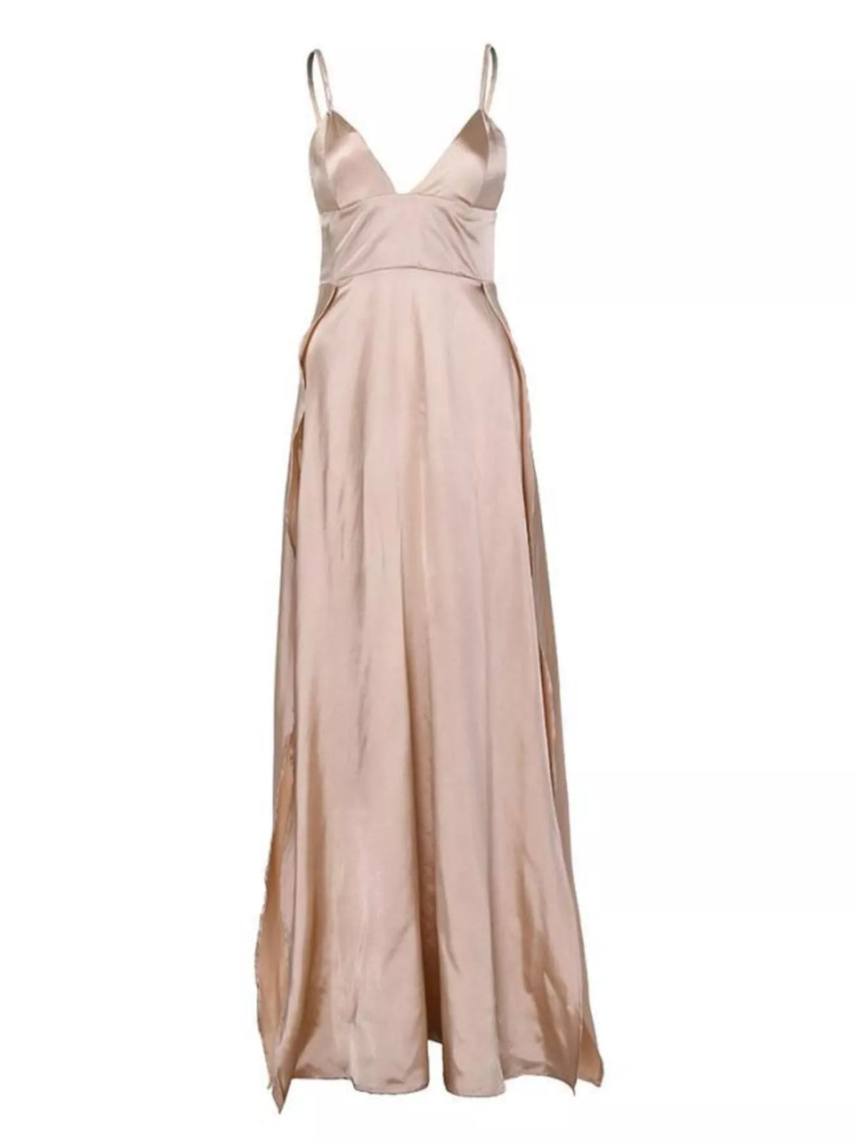 Full-length front view of blush champagne V-neck spaghetti-strap maxi dress
