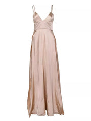 Full-length front view of blush champagne V-neck spaghetti-strap maxi dress