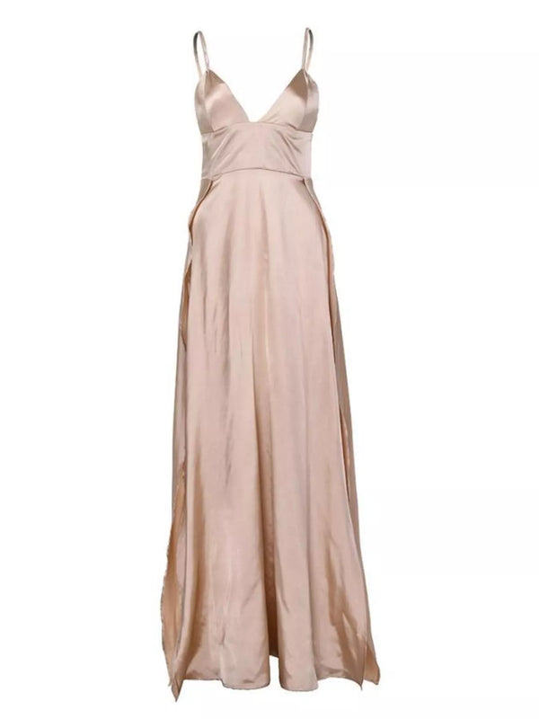 Full-length front view of blush champagne V-neck spaghetti-strap maxi dress