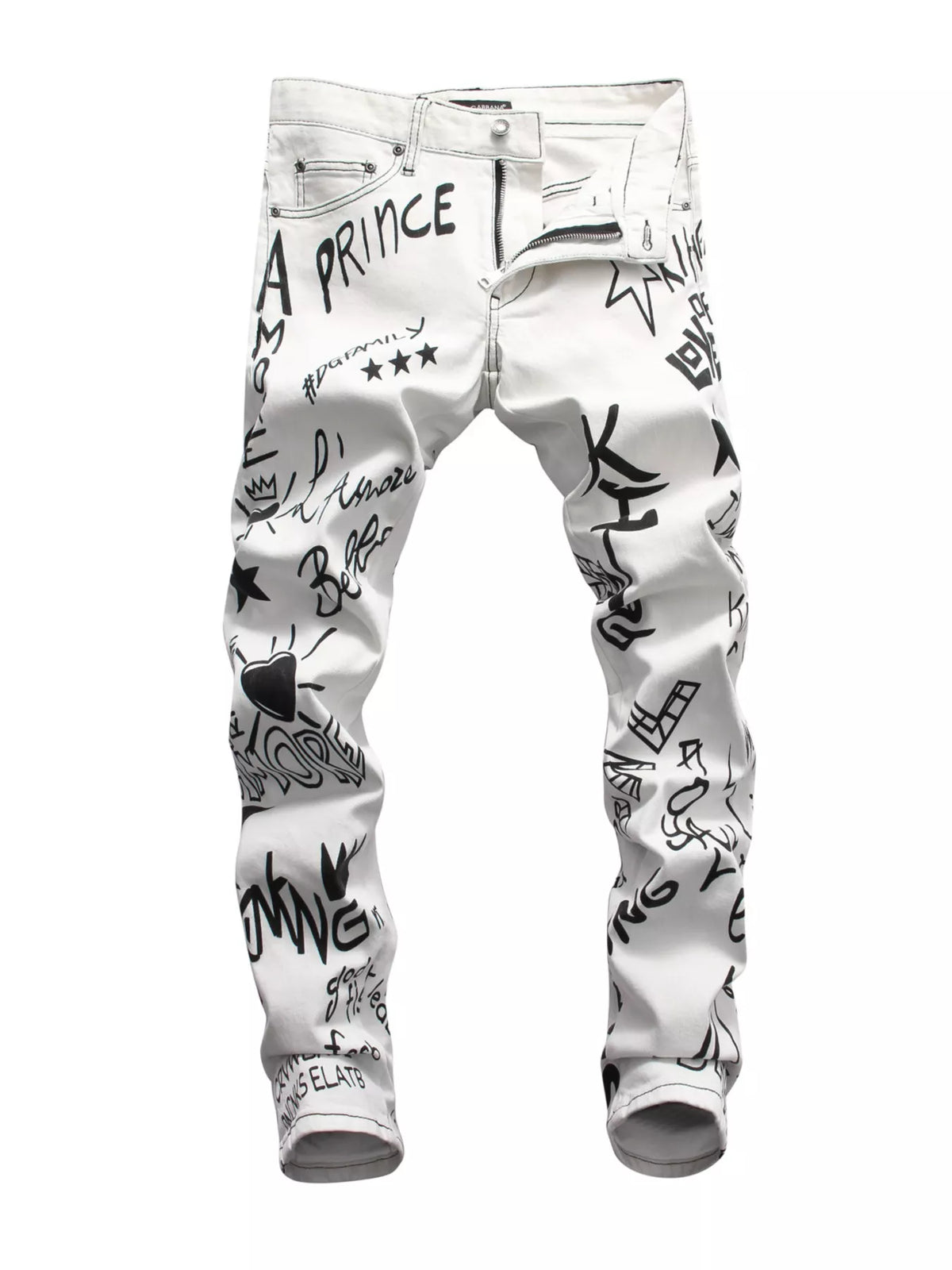 Front view of white slim-fit jeans covered in black graffiti-style prints