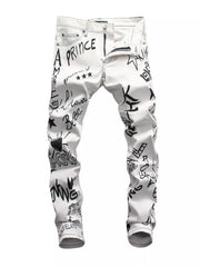 Front view of white slim-fit jeans covered in black graffiti-style prints