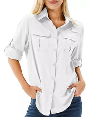 White button-down shirt with rolled sleeves, front view on model