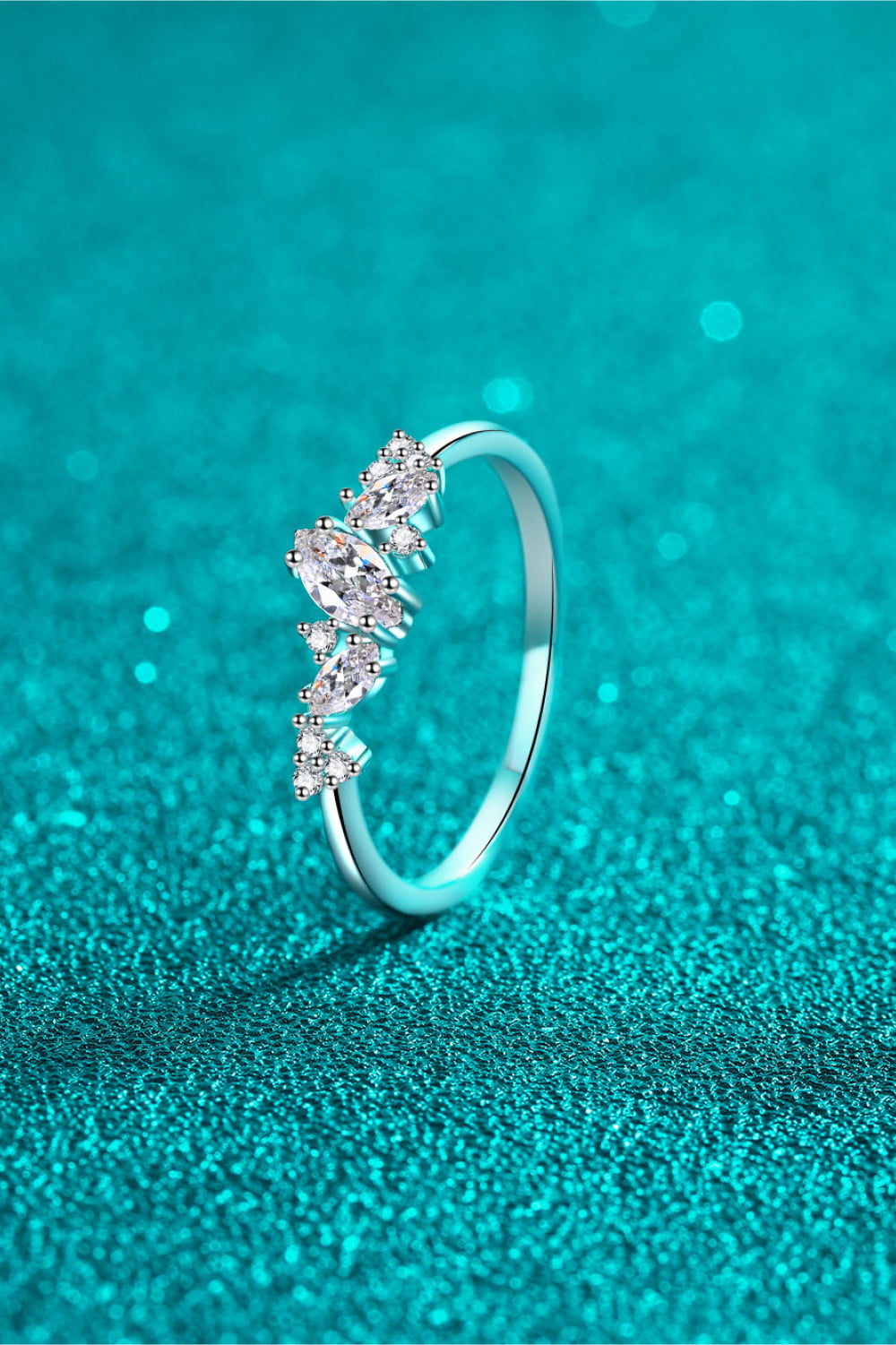 Moissanite ring in rhodium-plated silver, close-up