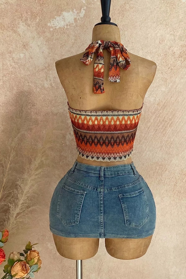 Geometric-print halter cami rear showing open back and neck tie