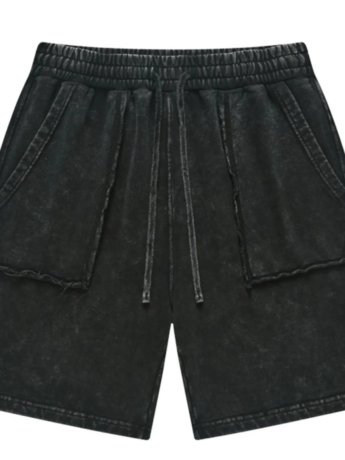 Black drawstring shorts with large side pockets, front view