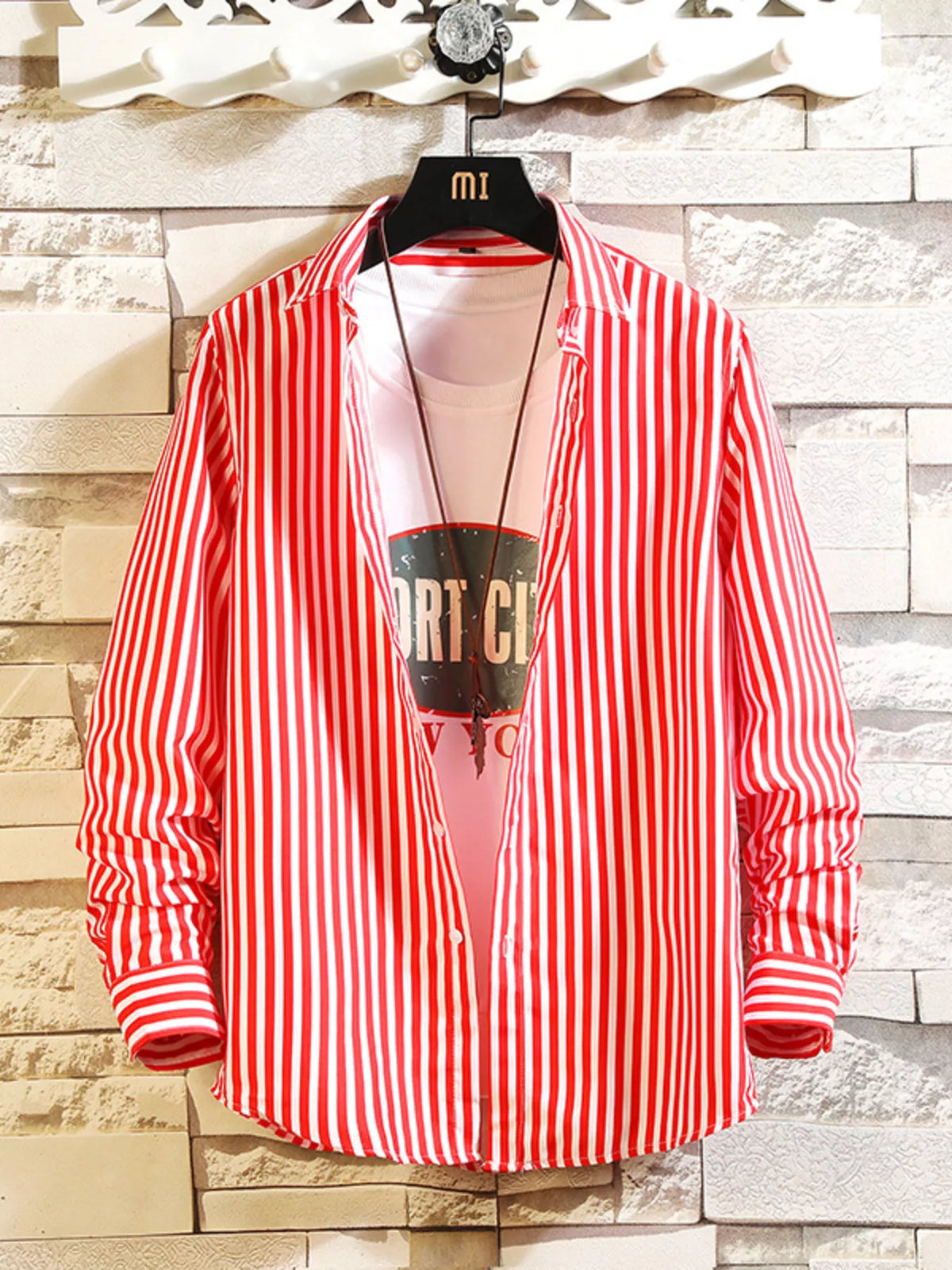 Red-and-white vertically striped button-up shirt, front view