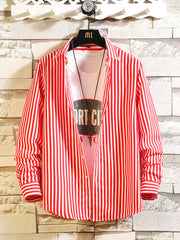Red-and-white vertically striped button-up shirt, front view