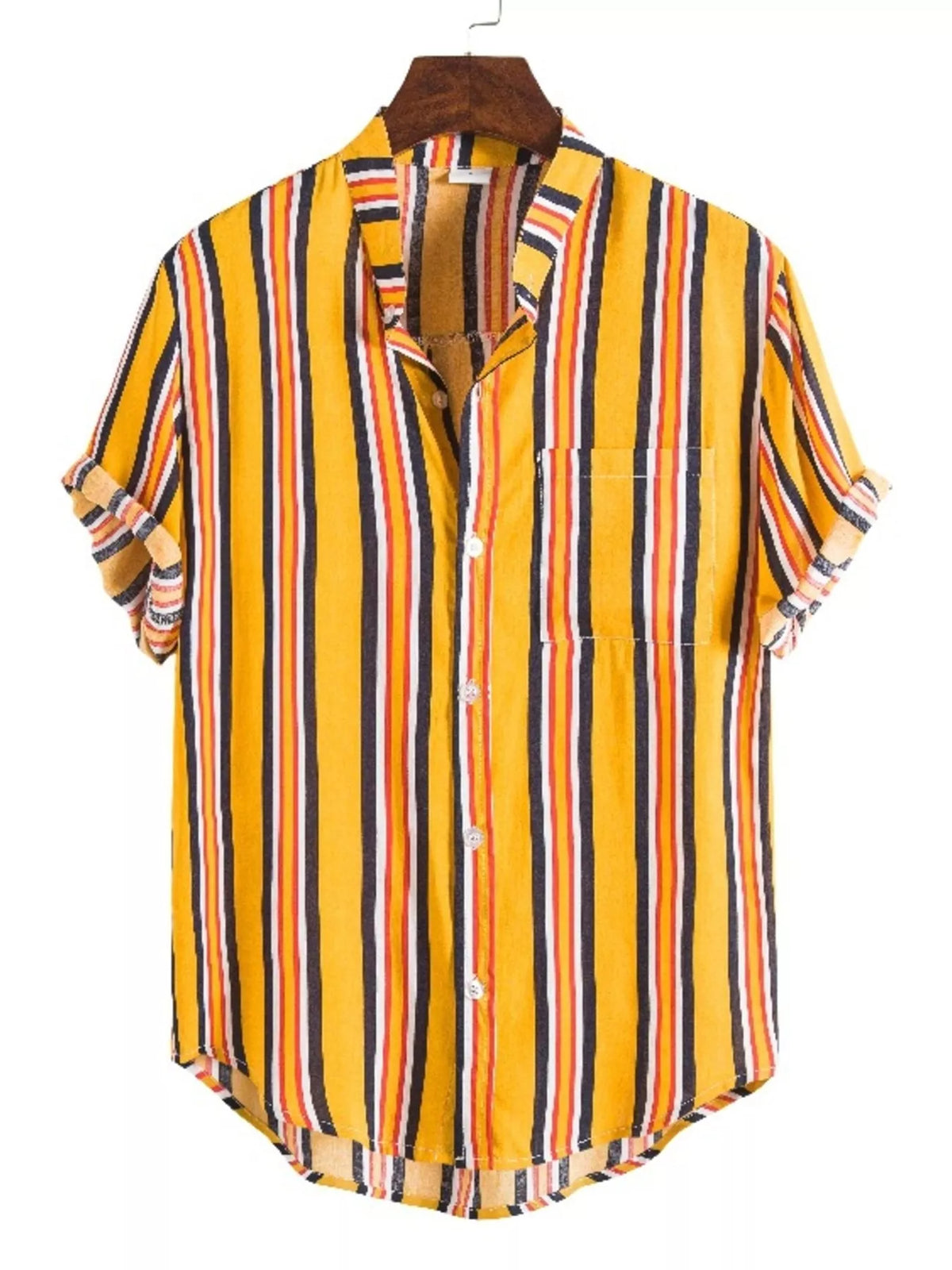 Mustard shirt with multicolor vertical stripes, laid flat