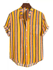 Mustard shirt with multicolor vertical stripes, laid flat