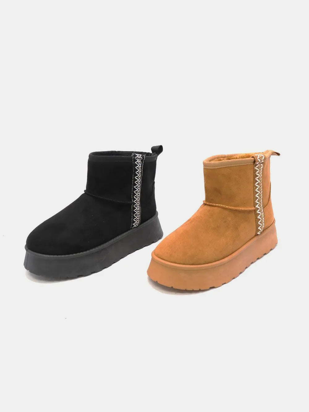 Black and tan platform ankle boots shown as a color comparison