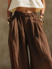 Brown wide-leg pants shown full length with relaxed drape