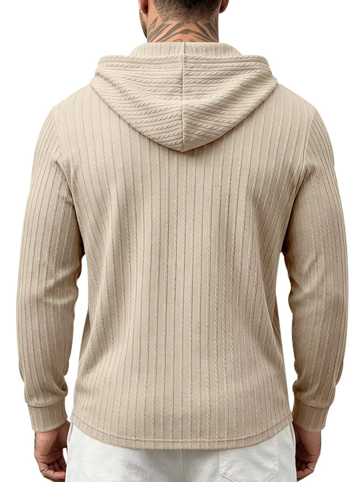 Back view of beige textured hoodie showing hood and ribbed pattern