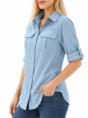 Light blue button-down shirt with chest pockets, three-quarter view