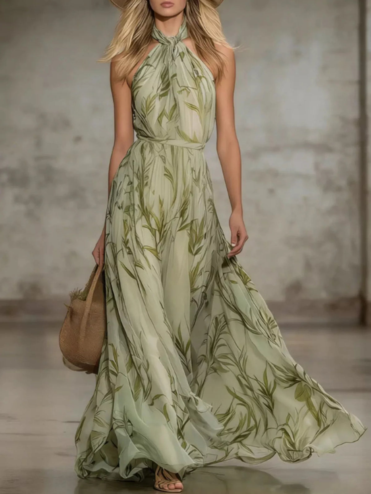 Front view of a sleeveless pale green chiffon maxi dress with an allover leaf print.