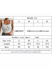 Size and measurement chart for white eyelet ruffle strap tie-front tank