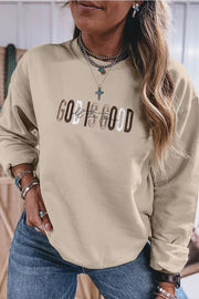 Front view of beige God Is Good graphic crew-neck sweatshirt