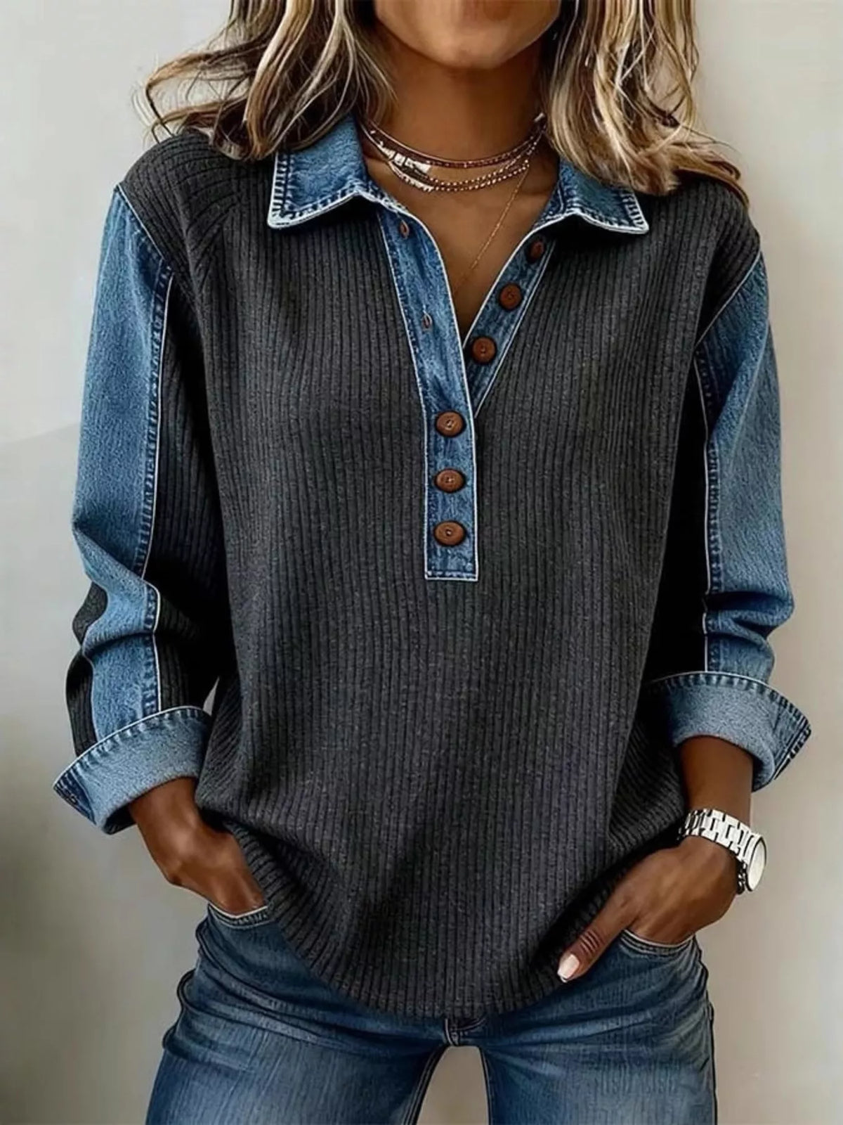 Black sweatshirt with denim collar, button placket and cuffs