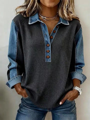 Black sweatshirt with denim collar, button placket and cuffs
