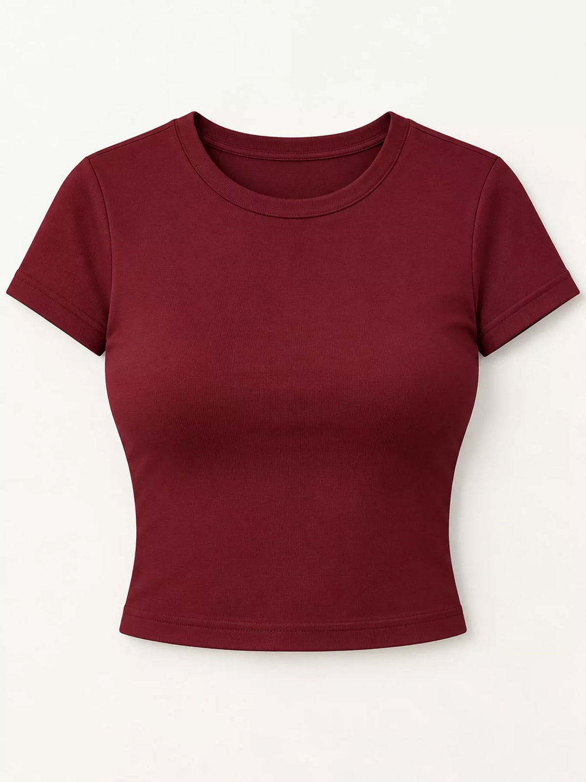 Burgundy short-sleeve crop T-shirt, front view.