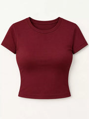 Burgundy short-sleeve crop T-shirt, front view.