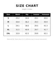 Size chart for distressed wide-leg jeans in sizes S to 2XL, showing waist, hip, inseam and outseam in inches