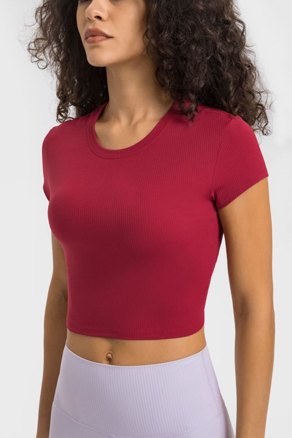 Close view of burgundy ribbed cropped T-shirt neckline and short sleeve