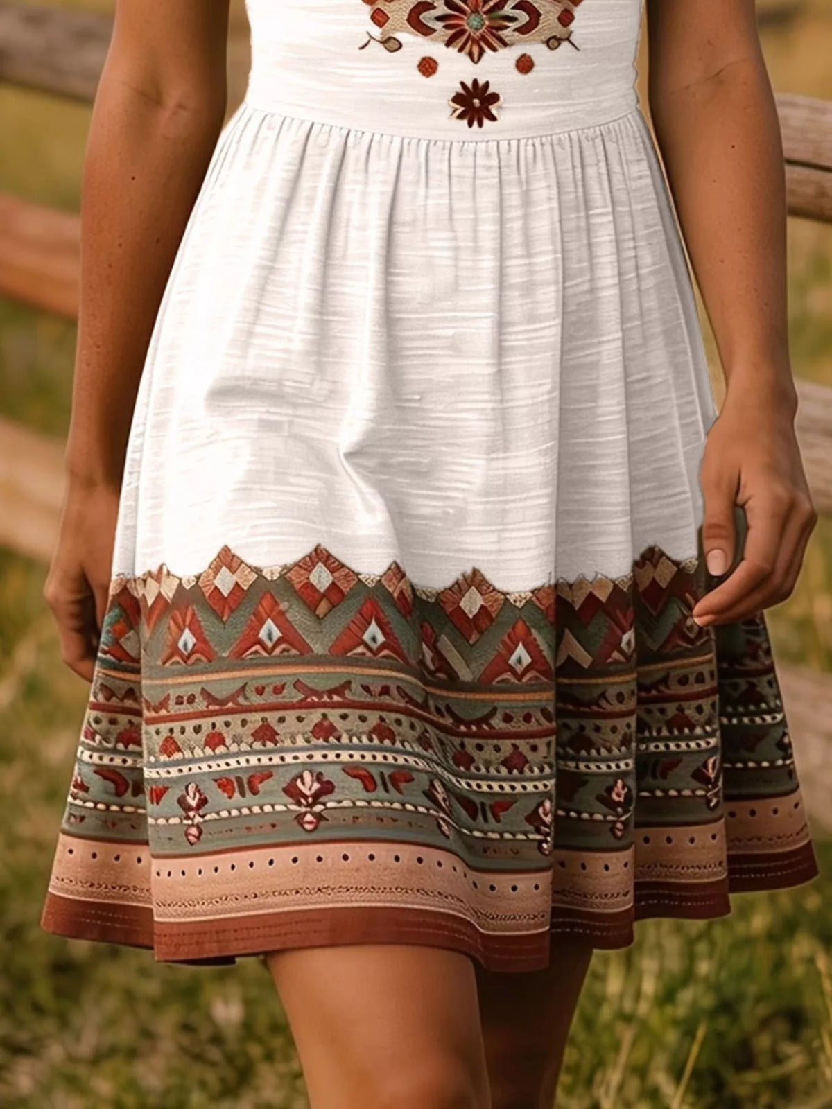 White dress with brown geometric print across the bodice