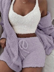 Lavender fuzzy lounge set with crop top, cardigan and shorts