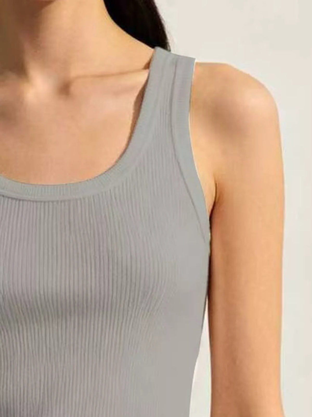 Close-up gray ribbed tank neckline