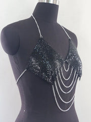 Black chainmail halter cami top with silver chain fringe, angled front view on mannequin