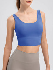 Blue wide-strap cropped tank with scoop neckline, front view