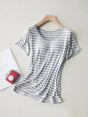 Gray and white striped short-sleeve shirt on hanger
